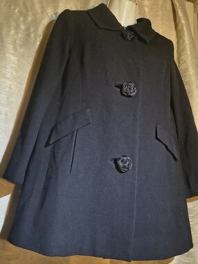 Lily Ann Black Wool A-Line Swing Coat, Sm. with Knot Buttons, Excellent Vintage